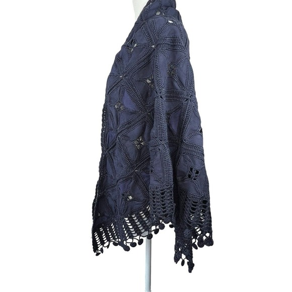 Vintage Navy Blue Leather Suede Crochet Patchwork Fringe Shawl Wrap - Picture 7 of 12